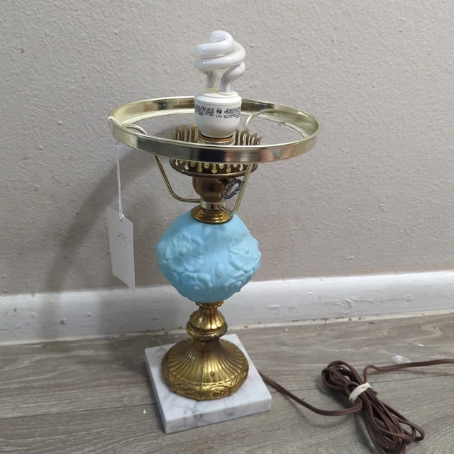 Fenton Blue Satin Glass Poppy Hurricane Lamp with Marble Base