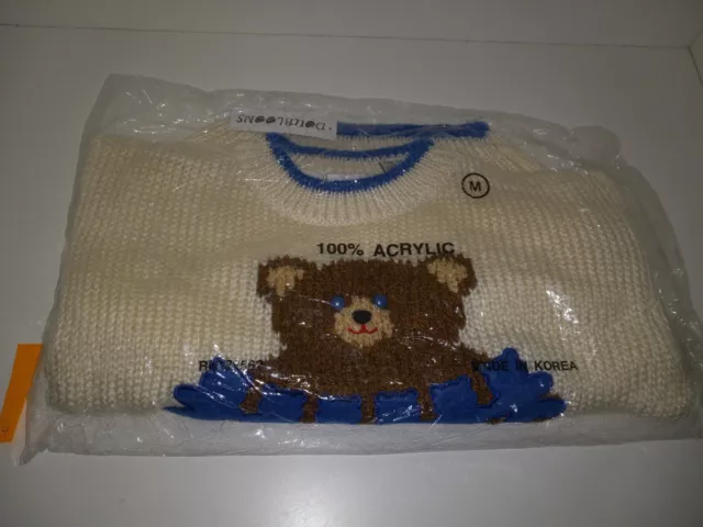 Vintage Doubloons Size M White Knit Pullover Teddy Bear Sweater 1990s NEW in Bag