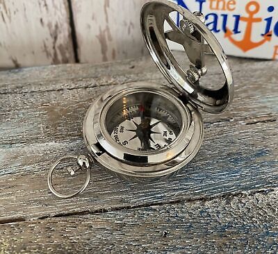 Silver Finish Brass Sundial Compass w/ Lid - Nautical Necklace Pendant -Keychain