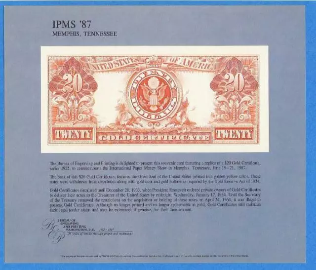 BEP souvenir card B 105 IPMS 1987 back 1922 $20 Gold Certificate