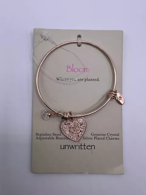 Unwritten Two-Tone Rose Gold Bloom Heart Charm Bangle Bracelet New