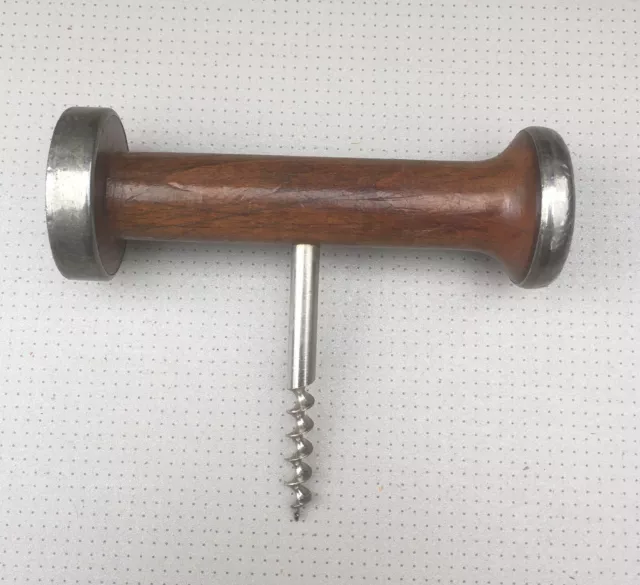 Vintage wooden corkscrew, bobbin cotton reel with metal ends