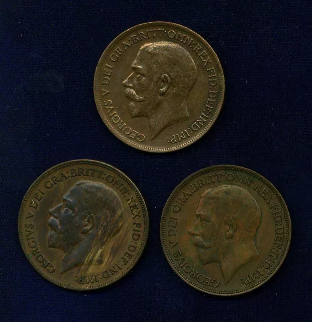 Great Britain  George V 1 Penny: 1918, 1919, & 1920, Lot Of (3) Coins