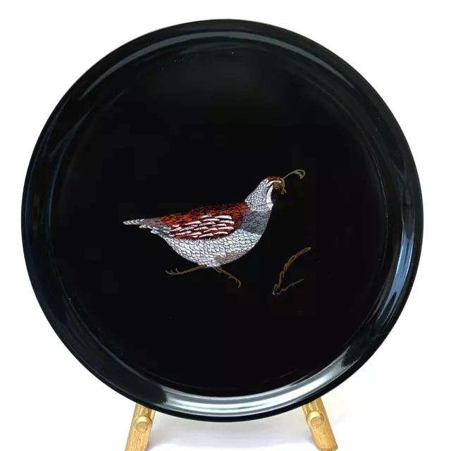 Vintage Couroc of Monterey Quail Inlay 10" Round Serving Tray Black Resin