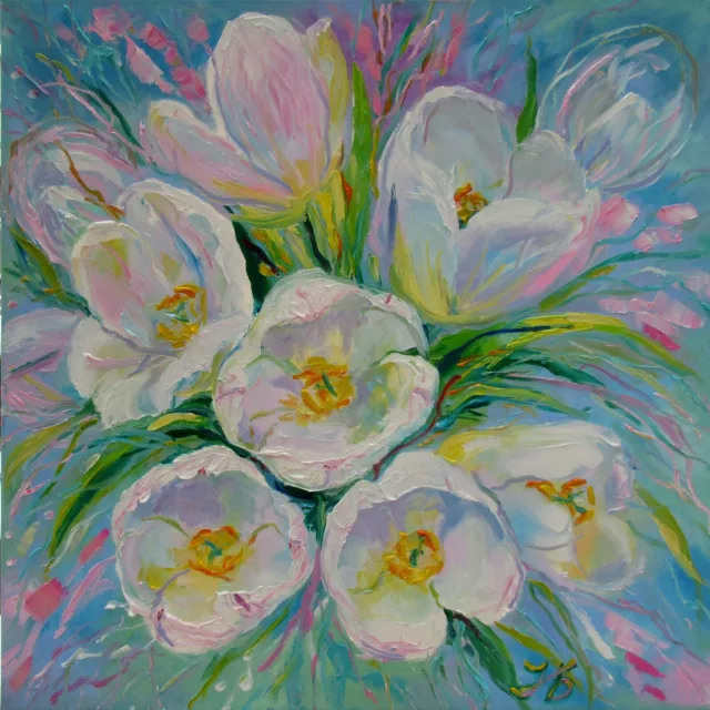 WHITE TULIPS 24X24" Spring Flowers Hand Painted by Nadia Bykova Realism Flowers