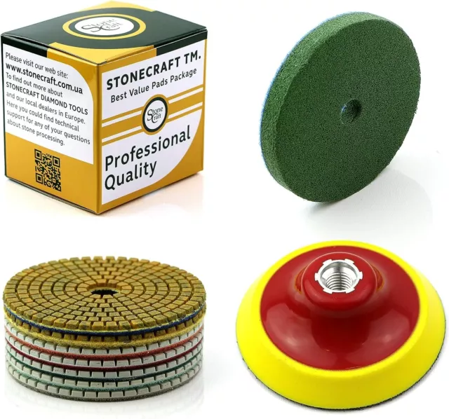 Stonecraft - Wet/Dry Diamond Polishing Pads Universal 9pcs Set 100mm M14 Thread