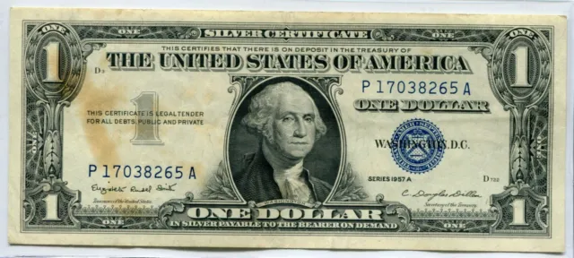 1957-A One Dollar Blue Seal Note Silver Certificate - U.S. Bill $1