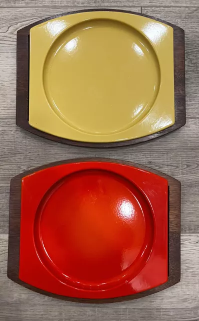 VTG MCM Orange /Gold Enamel Descoware Cook & Serve Platter Plate Wood Set Of 2