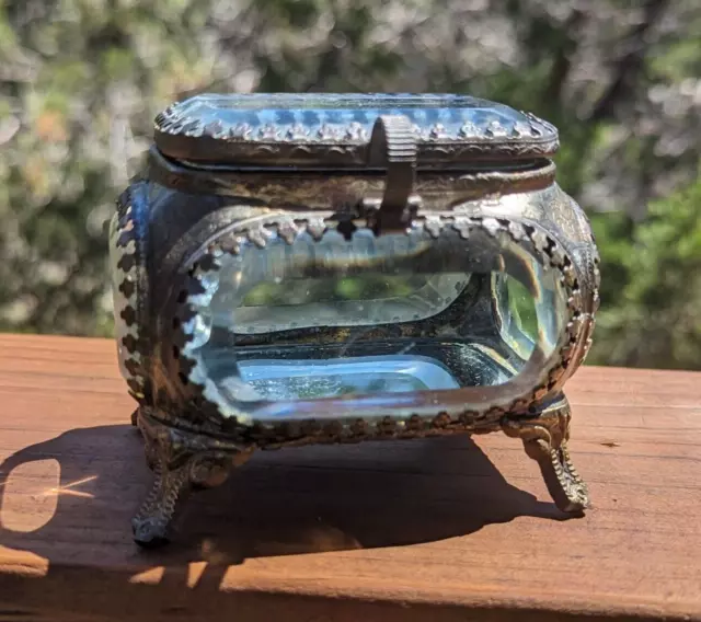 Antique Victorian Era Metal & Beveled Glass Jewelry Casket Case Brass Ormolu