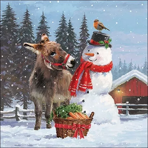 3 Servietten ~ Esel mit Schneemann Winter Weihnachten