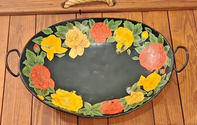 Bandeja grande antigua pintada a mano con flores de colores centro de mesa para fruta