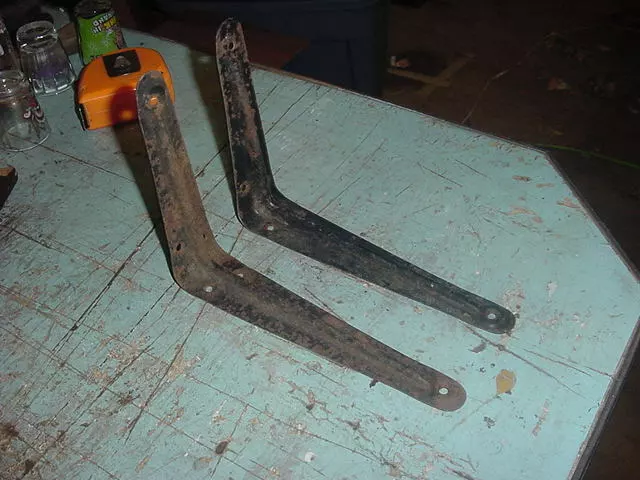 VINTAGE SHELF BRACKETS 6 x 8 LOT OF 2 CHIPPY BLACK PAINT STAMPED STEEL