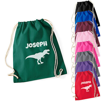 Personalised Name Dinosaur School Bag Kids Boys Girls Drawstring PE Swimming Bag