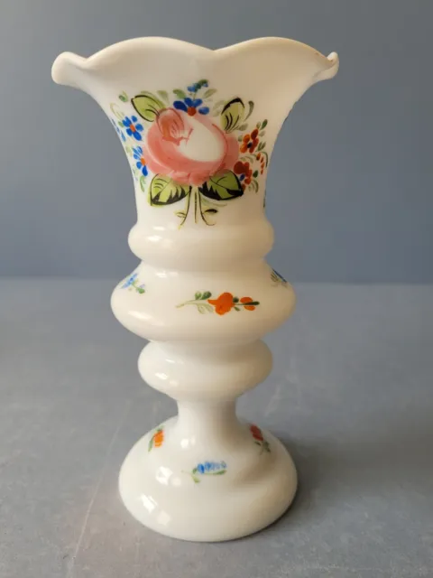 Victorian Milk Glass Vase Hand Blown & Painted Wavey Rim. 3