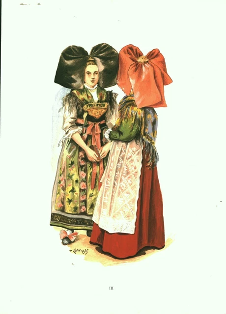 Gravure Ancienne Originale - Costumes Et Coiffes D'Alsace (1970) - Paul Kauffmann