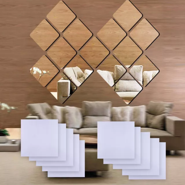 10x Mirror Tile Wall Sticker Square Self Adhesive Room Decor Stick On 15x15cm