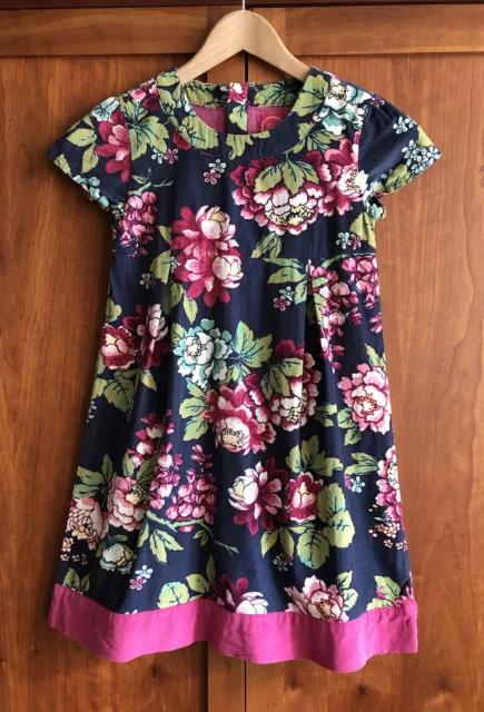 Joules Girls Cotton Needlecord Dress Age 8 Blue/Pink Green Floral Print Zip Soft