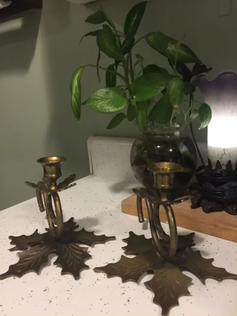 VTG Pair Ornate Solid Brass Holiday Christmas Poinsettia Candlestick Holder