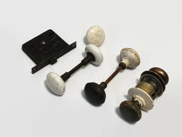 Vintage Antique White Porcelain Door Knobs Metal Brass lot