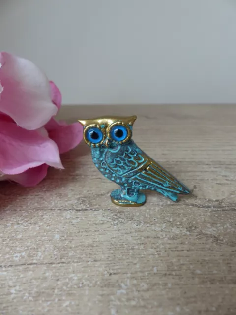 Figurine miniature hibou en laiton aux yeux bleus, hibou de profil