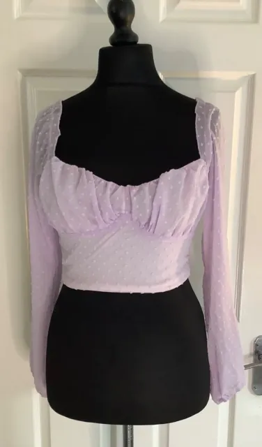 Shein ladies lilac chiffon spot crop long sleeve bustier top elastic back size S