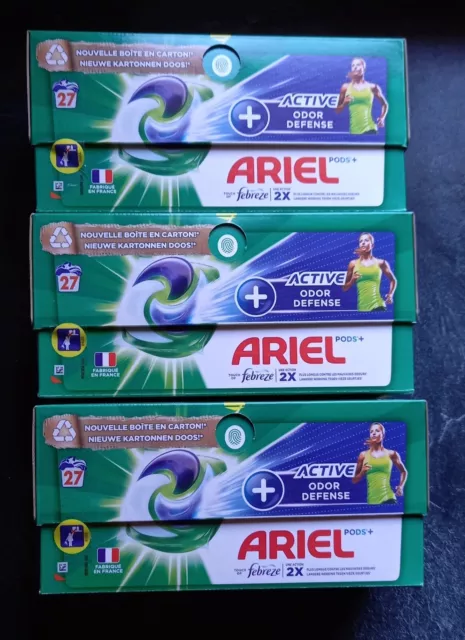 Lot de 3 Boites de lessive Ariel Pods 3 en 1 soit 81 capsules Active Odor Defen