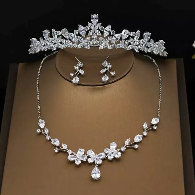 AAAA All Cubic Zirconia CZ Wedding Queen Princess Prom Tiara Necklace Earrings