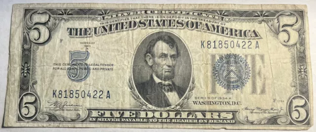 Series 1934 A $5 Dollar Bill Silver Certificate