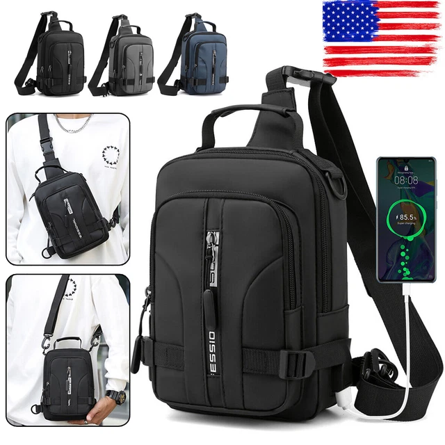 Men's Sling Backpack Waterproof Anti-theft Shoulder Crossbody Chest Bag USB Port
