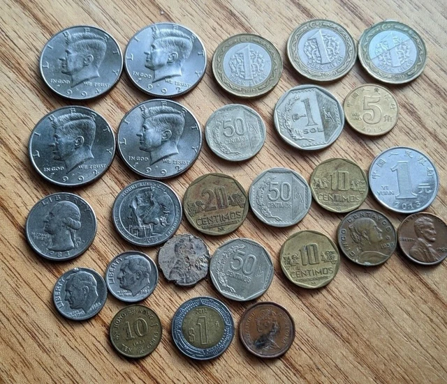 26 Random coin lot of dimes, dollar, lira, peso, yuan, Canadian cents, centavos