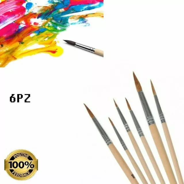 Set 6 Pennelli Punta Tonda Professionali Pittura Acrilica Dipingere Artista