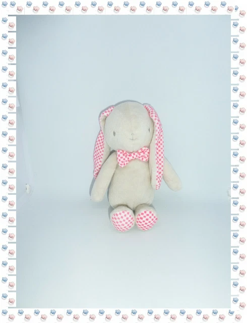 🎉 -  Doudou Peluche Lapin  Ecru Carreaux Rose/ Blanc Noeud Papillon  Klorane