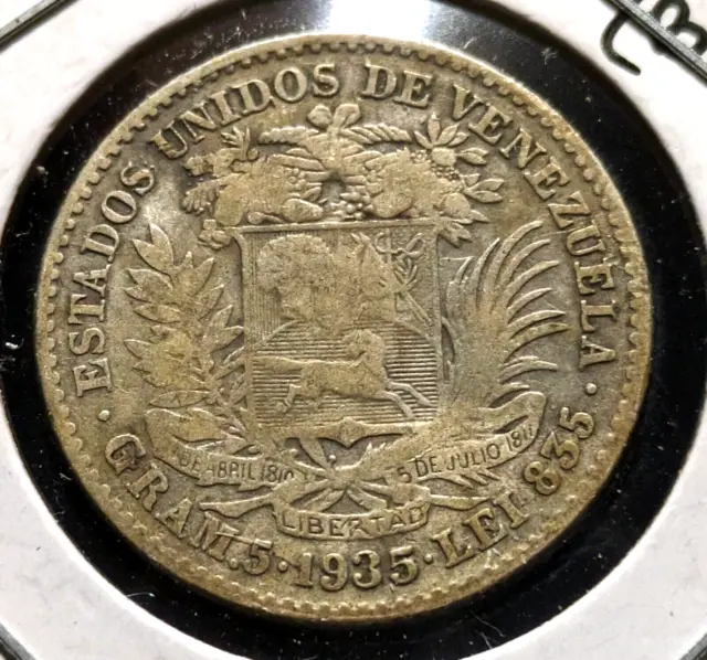 Venezuela Coin Five 5 Bolivares (Bolivar) 1935 Silver .835 Y#22