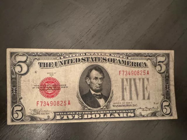 1928-C FIVE DOLLAR $5 United States Red Seal Note Bill