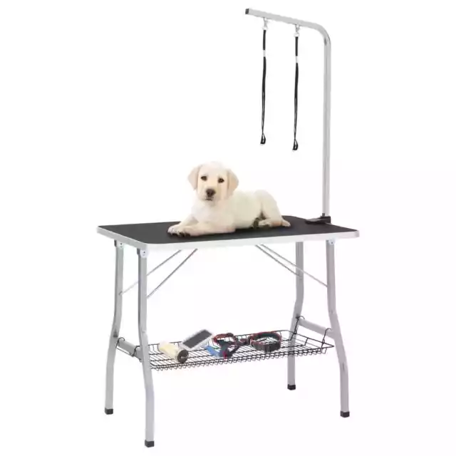 Mesa de aseo ajustable para perros con 2 bucles y cesta