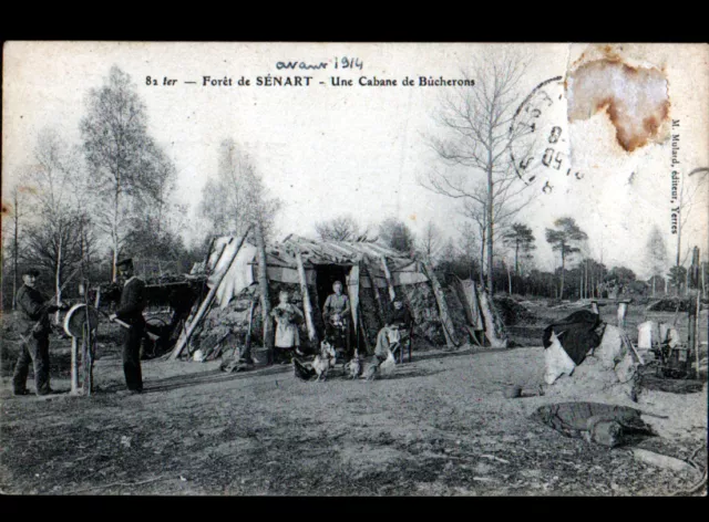 FORET de SENART (91) BUCHERON affutant HACHE à la MEULE / CABANE animée en 1906
