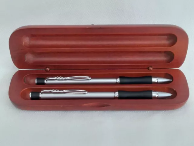 Vintage Silver Tone / Chrome Pen and Pencil Set with Black Grips and Wood Case