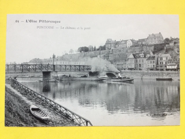 cpa PONTOISE (Val d'Oise) Le CHÂTEAU et le PONT Péniche Boat Toueur