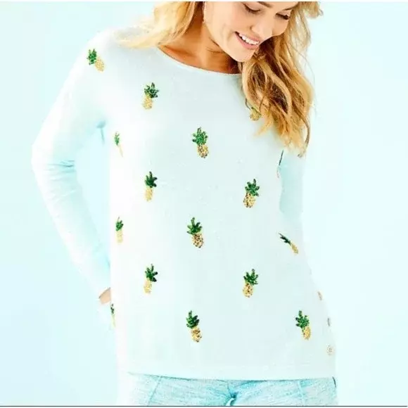 Lilly Pulitzer Women's Caralynn Sweater Whisper Blue Sequin Pineapple Size Small