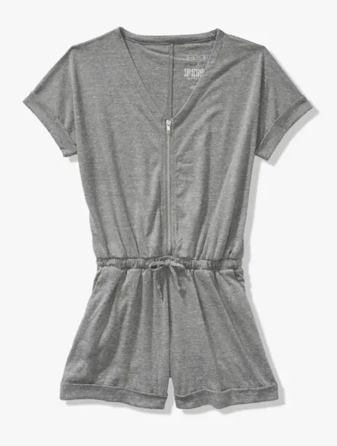 Victoria’s Secret PINK size M Heather Gray DREAMR X Zip Short Sleeve ROMPER