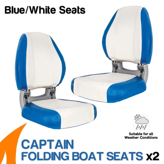 2 Premium Folding Boat Seats back support Marine All Weather Blue/White