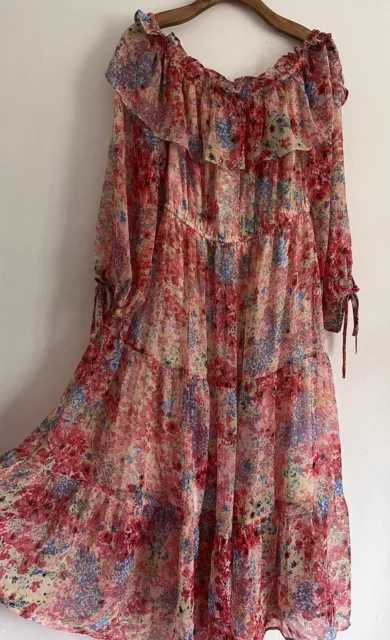 ~ River Island Maxi  Dress 18 Floaty Floral Feminine Summer VGC off/on Shoulder