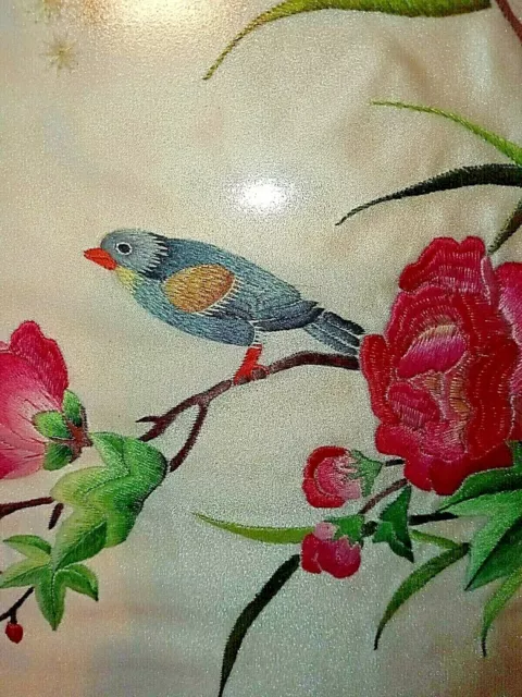 Vtg Oriental Silk Embroidery Framed Picture Blue Bird in Flowering Tree 9X11" 3