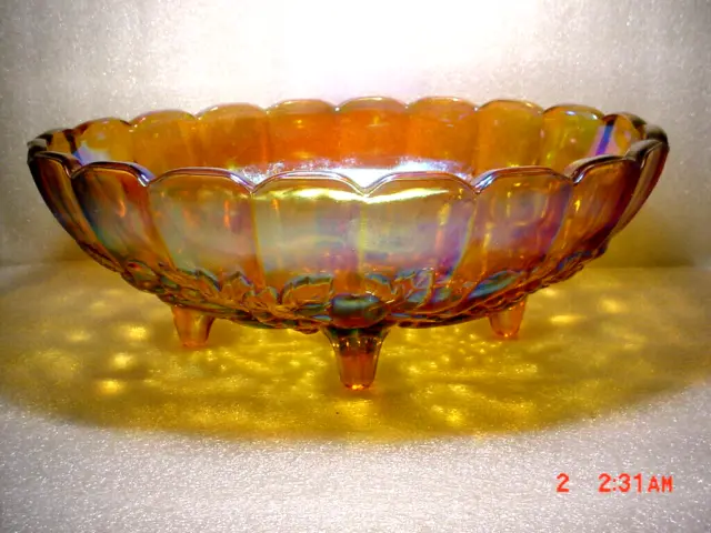 Vintage Indiana Iridescent Carnival Glass Harvest Grape Footed Fruit Bowl Amber
