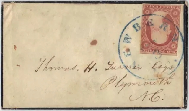 US 1850's Sc. #11 DULL RED TYPE I ON MOURNING COVER W/ BLUE NEWBERN NC TOWNMARK
