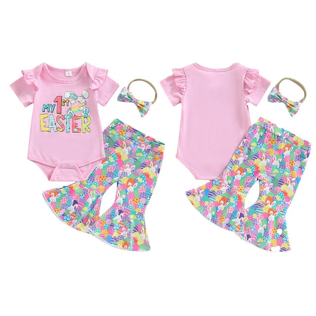 Abiti di Pasqua per bambina adorabile coniglio stampato coniglio + pantaloni + set fascia