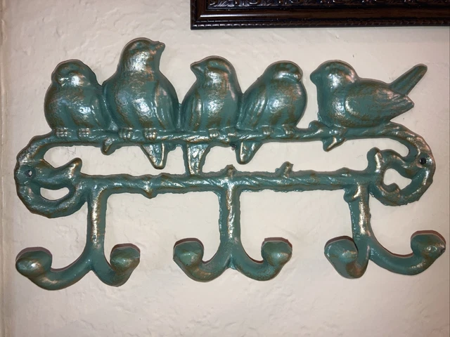 Vtg Green & Gold Cast Iron Bird Triple Hanger Hooks Keys Clothes 9.5" x 5.5” x 2