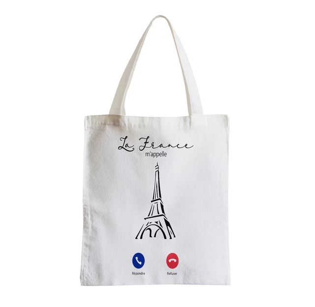 Sac Fourre-tout La France M'Appelle - Parodie Téléphone Tour Eiffel - Tissu Polycoton Blanc