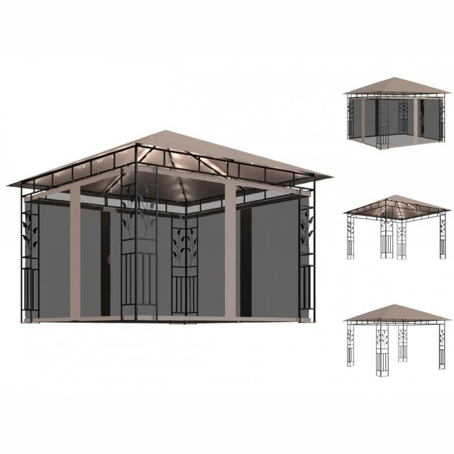 Pavillon Gartenzelt Mit Moskitonetz & LED-Lichterkette 3x3x2,73 M Taupe