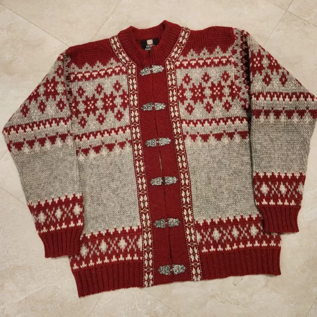 FJORD FASHION Mens 40 Norway Cardigan Bordo Gray Red Wool Knit Sweater Icelandic